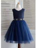 Navy Blue Satin Tulle Beaded Sash Knee Length Flower Girl Dress 